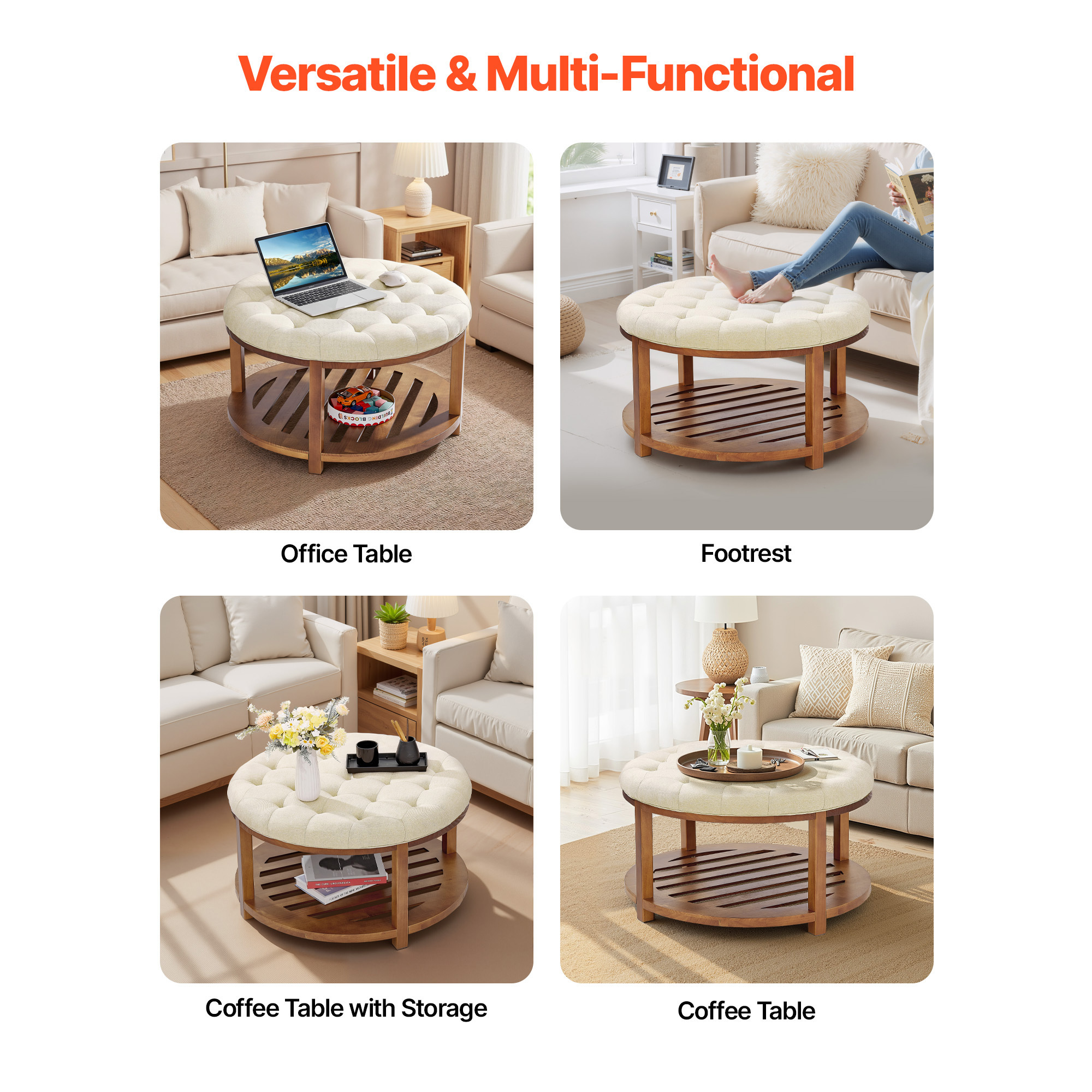 VEVOR Large Round/Square Ottoman Coffee Table 31.9 Inch Upholstered Tufted Linen/Dark gray Ottoman