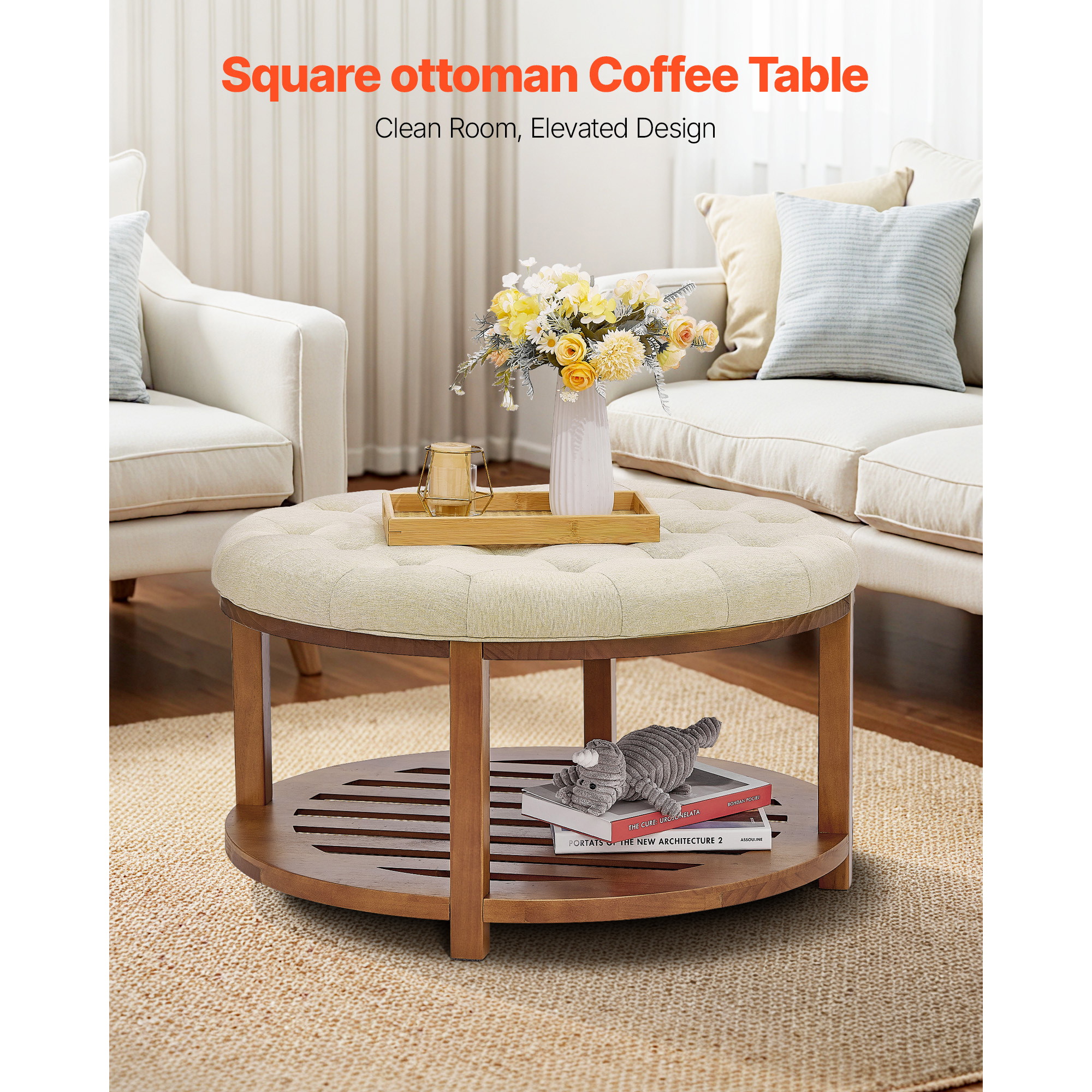 VEVOR Large Round/Square Ottoman Coffee Table 31.9 Inch Upholstered Tufted Linen/Dark gray Ottoman