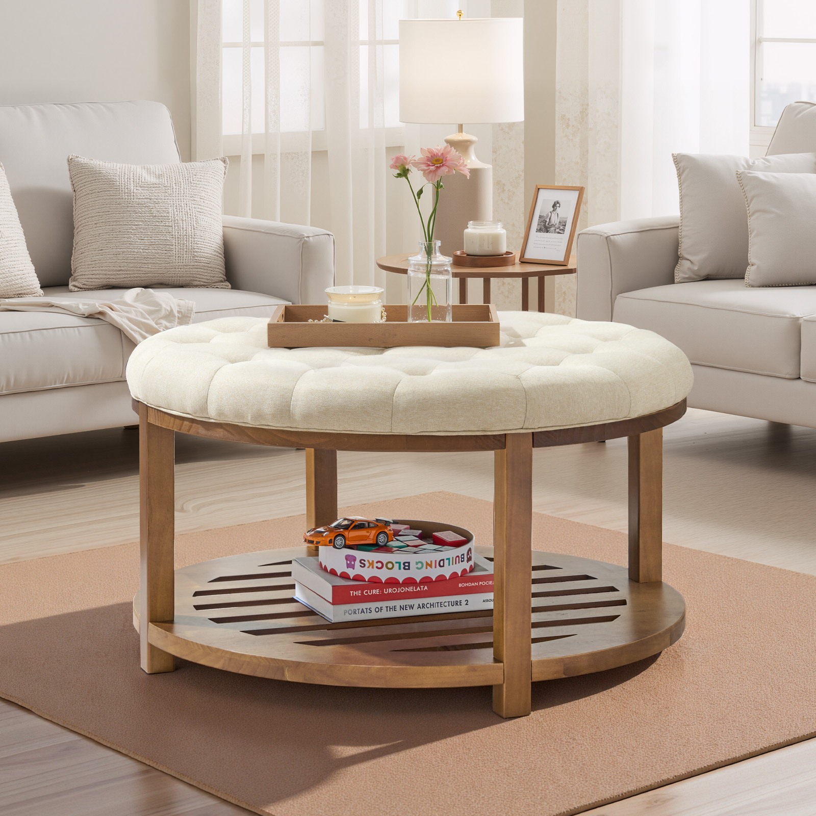 VEVOR Large Round/Square Ottoman Coffee Table 31.9 Inch Upholstered Tufted Linen/Dark gray Ottoman