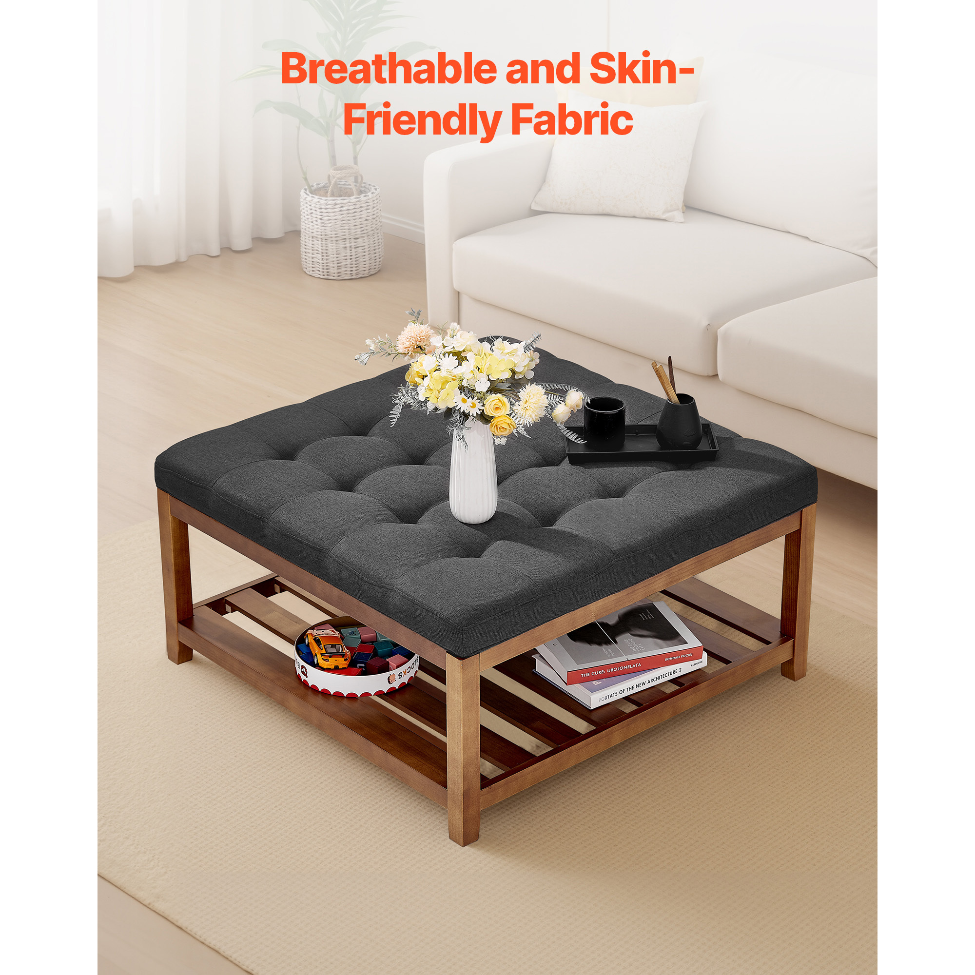 VEVOR Large Round/Square Ottoman Coffee Table 31.9 Inch Upholstered Tufted Linen/Dark gray Ottoman