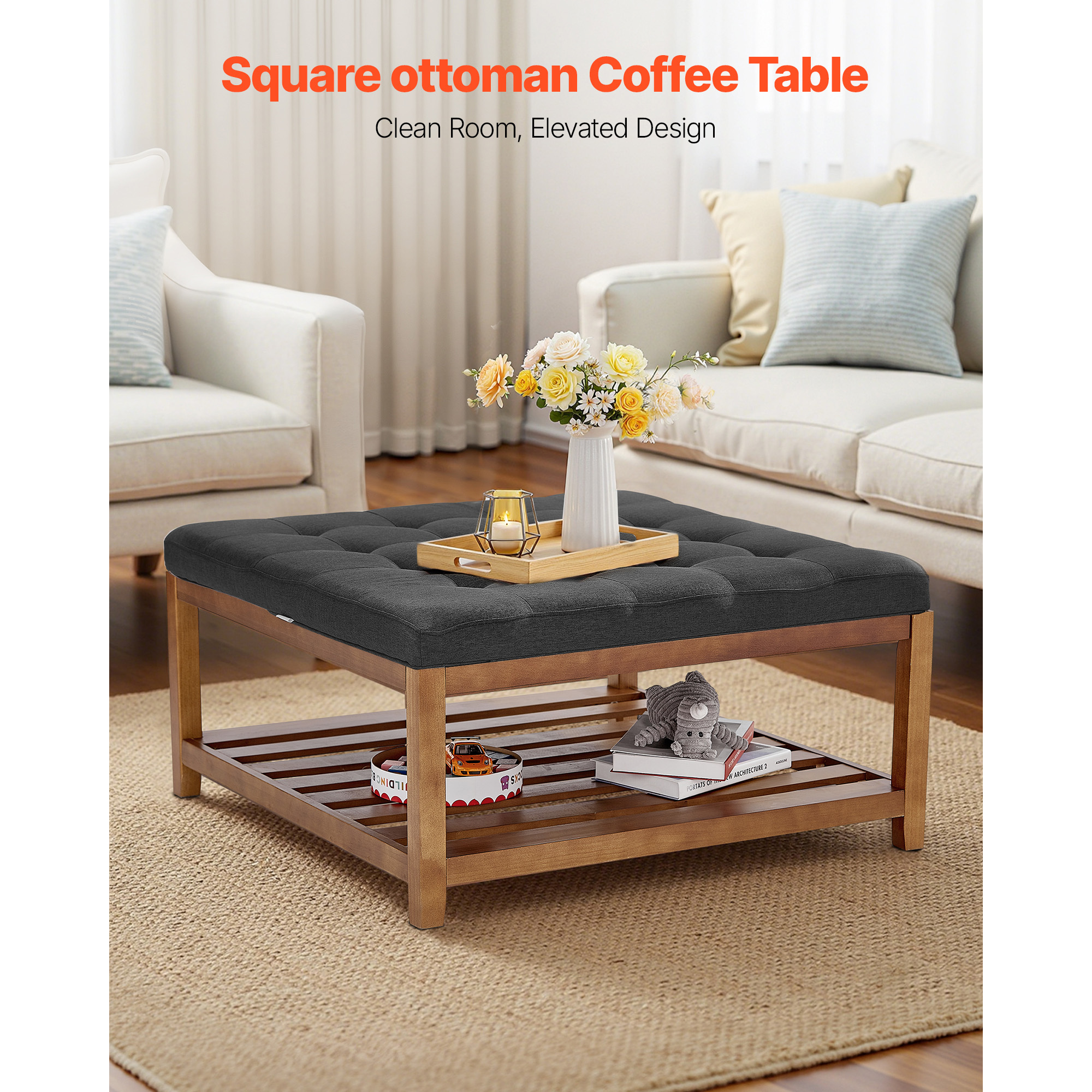 VEVOR Large Round/Square Ottoman Coffee Table 31.9 Inch Upholstered Tufted Linen/Dark gray Ottoman