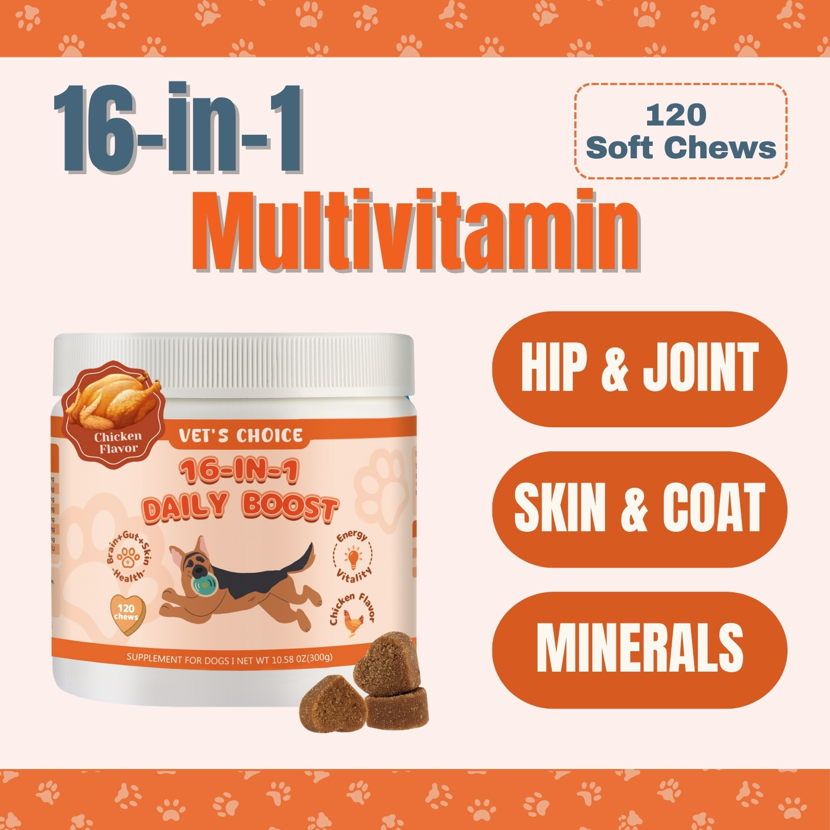 TEMU 16-in-1 For Dogs – Soft Chew Supplement With Probiotics, Enzymes & Multivitamins For Joint, Hip, Skin, Coat, Brain, & Digestive Health – 120