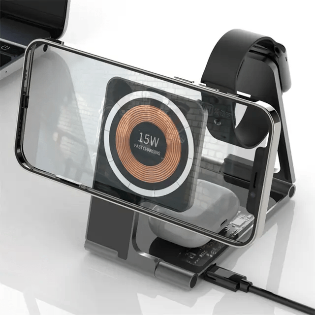 4 in 1 15w wireless charging pad, fast charging wireless charger mobile phone watch headphone wireless charging station multiple devices, wireless phone charger type c black Product details 4