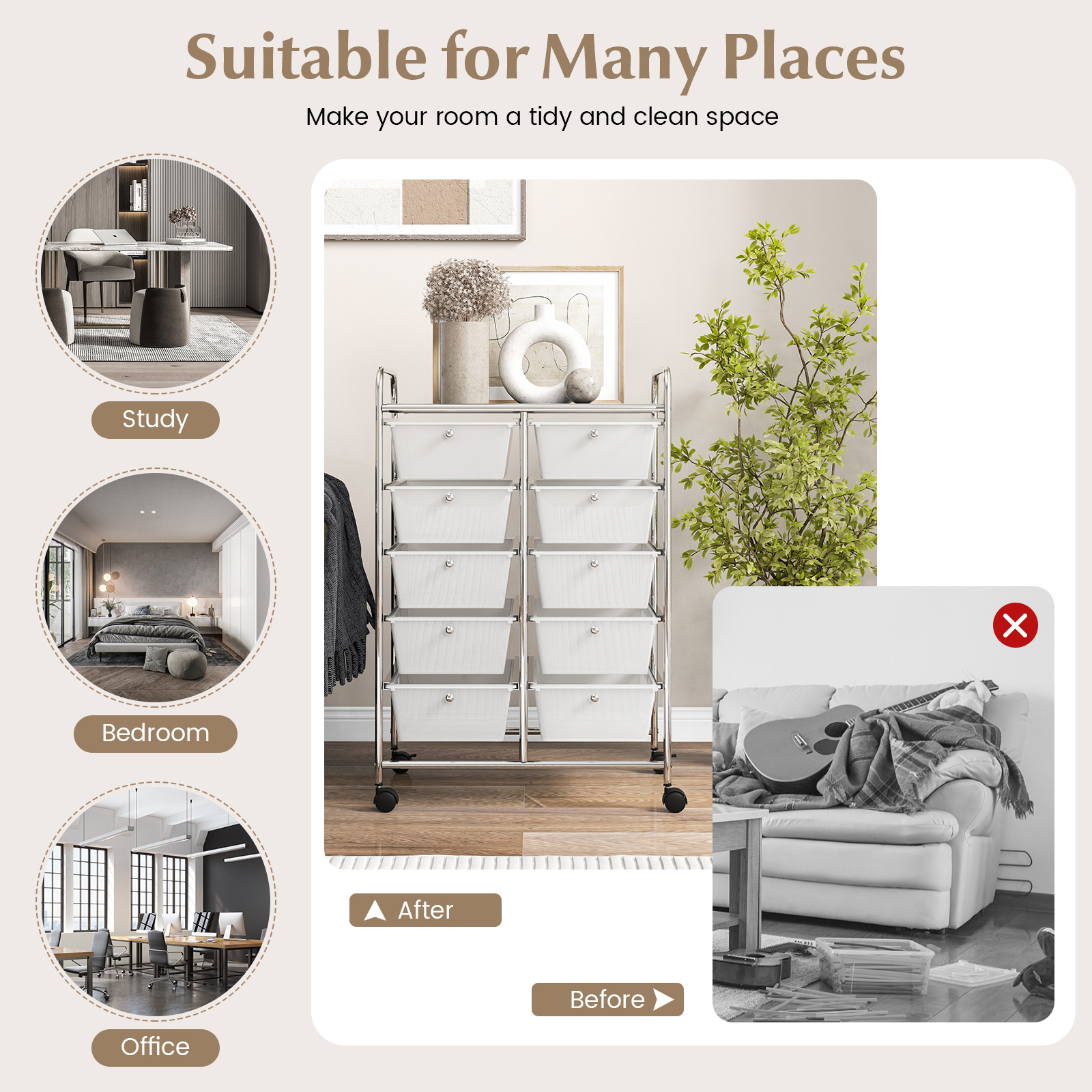 COSTWAY Stylish and Functional Organizer Cart, Metal Frame, Spacious Storage, Easy Mobility, Versatile Design, Simple Assembly
