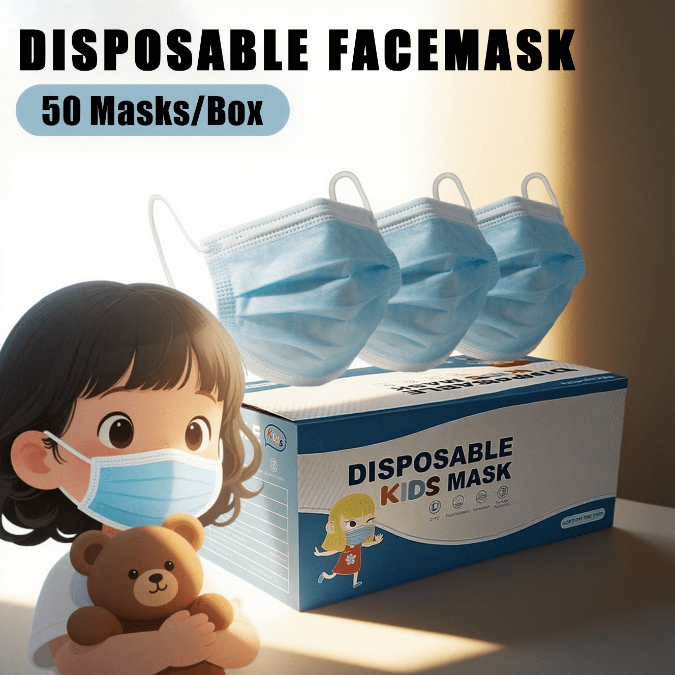 TEMU Kids Disposable Face Masks - Youth Ages 4-12 - Small Face Masks For Children - Soft, Comfortable, Breathable Face Masks