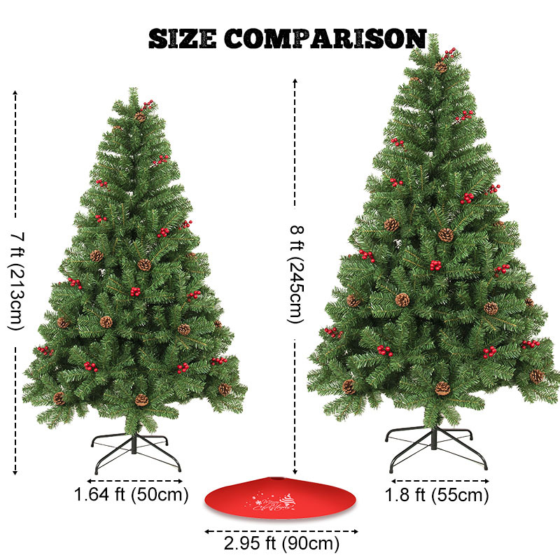 TEMU 7ft/8ft Artificial Christmas Tree With Hinged Base - Heavy-duty Pine-like Needles, Red Berries & Ornaments, Lightweight Pre-assembled Tree With