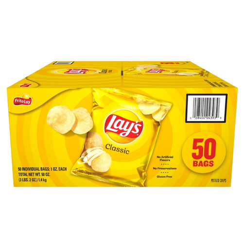 classic potato chips 1 oz 50 pack individually wrapped snack sized potato chips made from sliced potatoes and lightly for the perfect flavor convenient single serve bags school lunches office snacks party favors or on the go great for family picnics road trips and everyday bulk 50 count pack offers value for families businesses freshness guarante