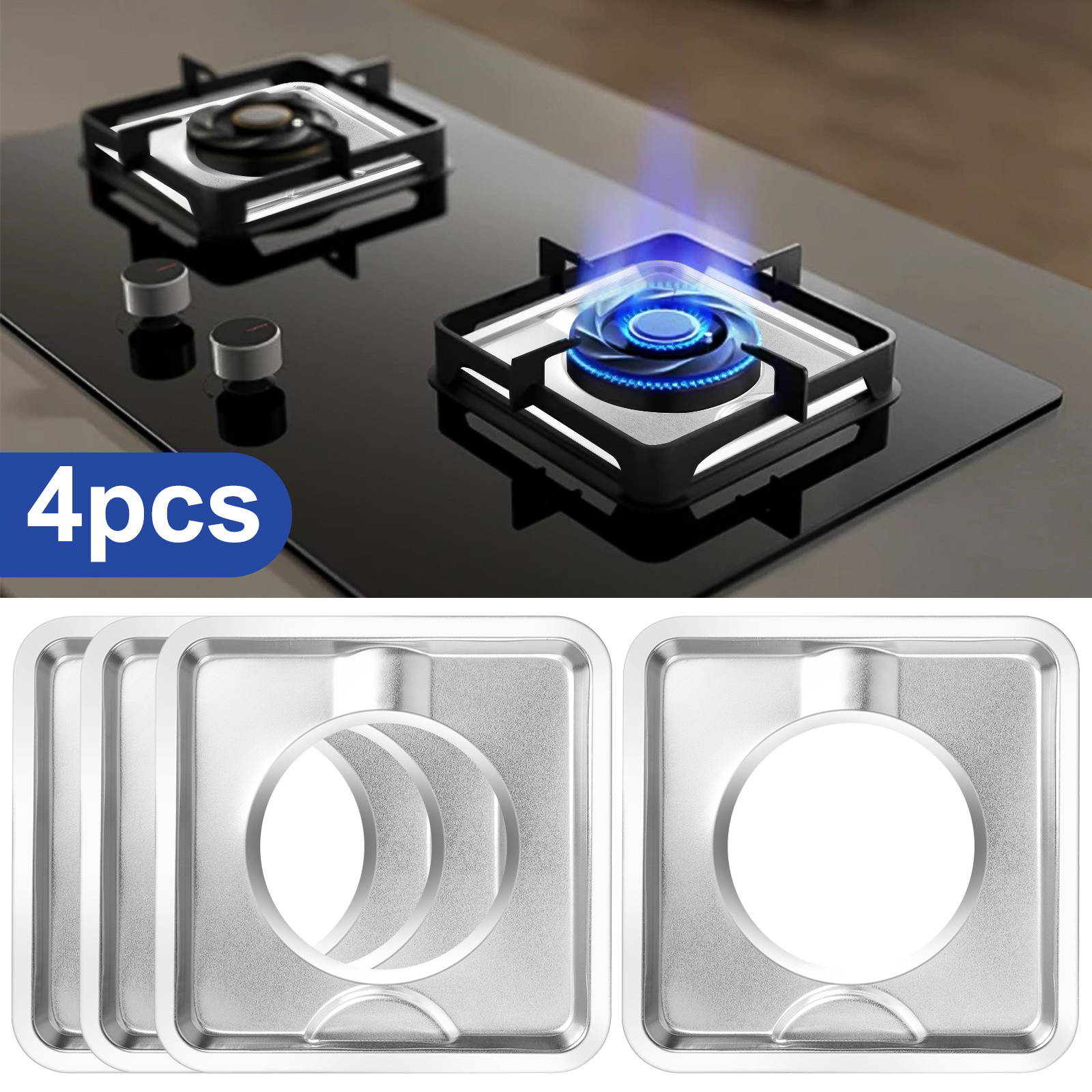 TEMU 4pcs Stainless Steel Burner Covers, Square Gas With -proof Design, Washable Heat-resistant Drip Tray, Kitchen Accessories For Outdoor Cooking And Rv Use