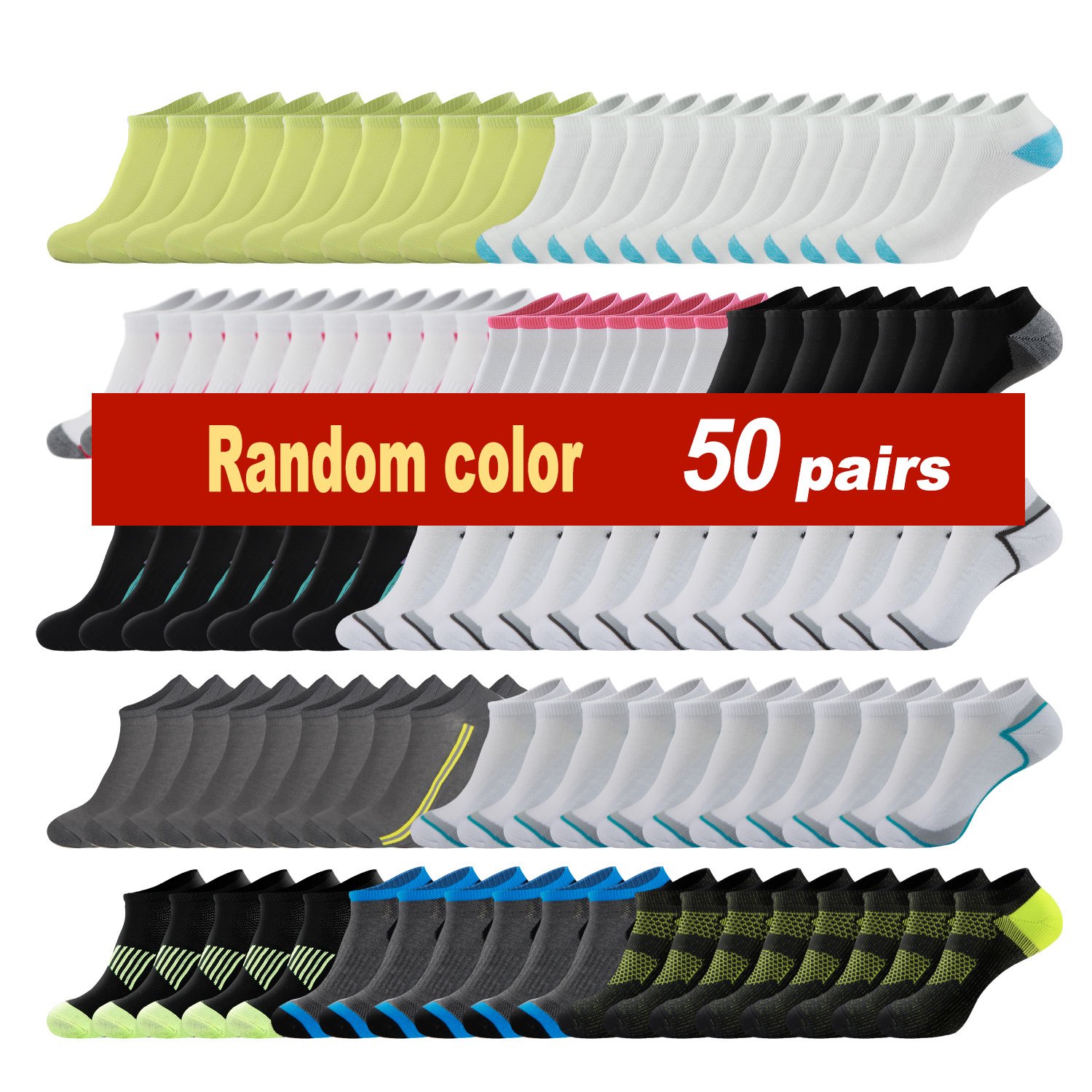TEMU Low Cut Athletic Socks Multipack - 50 Pairs Random Colors, Moisture-wicking, Fit For Sports & Daily Wear
