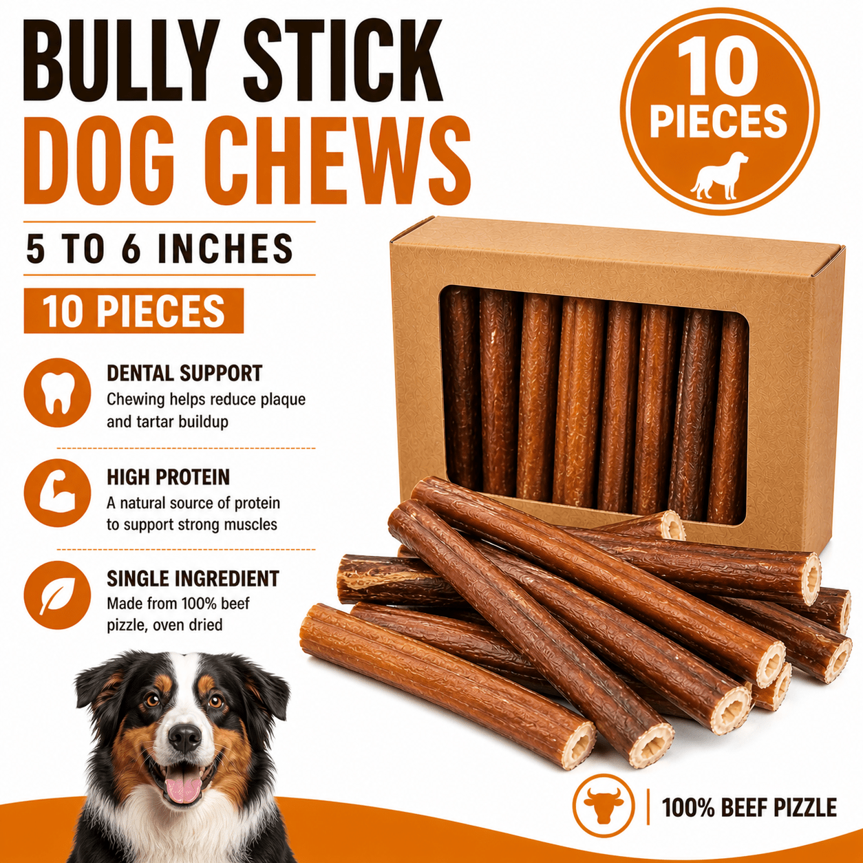 TEMU For Dogs 5 To 6 Inch, 10 Pack – Single Beef Dog Chews, Long Lasting Chew Sticks For Small Medium & Large Dogs, Free Low Odor