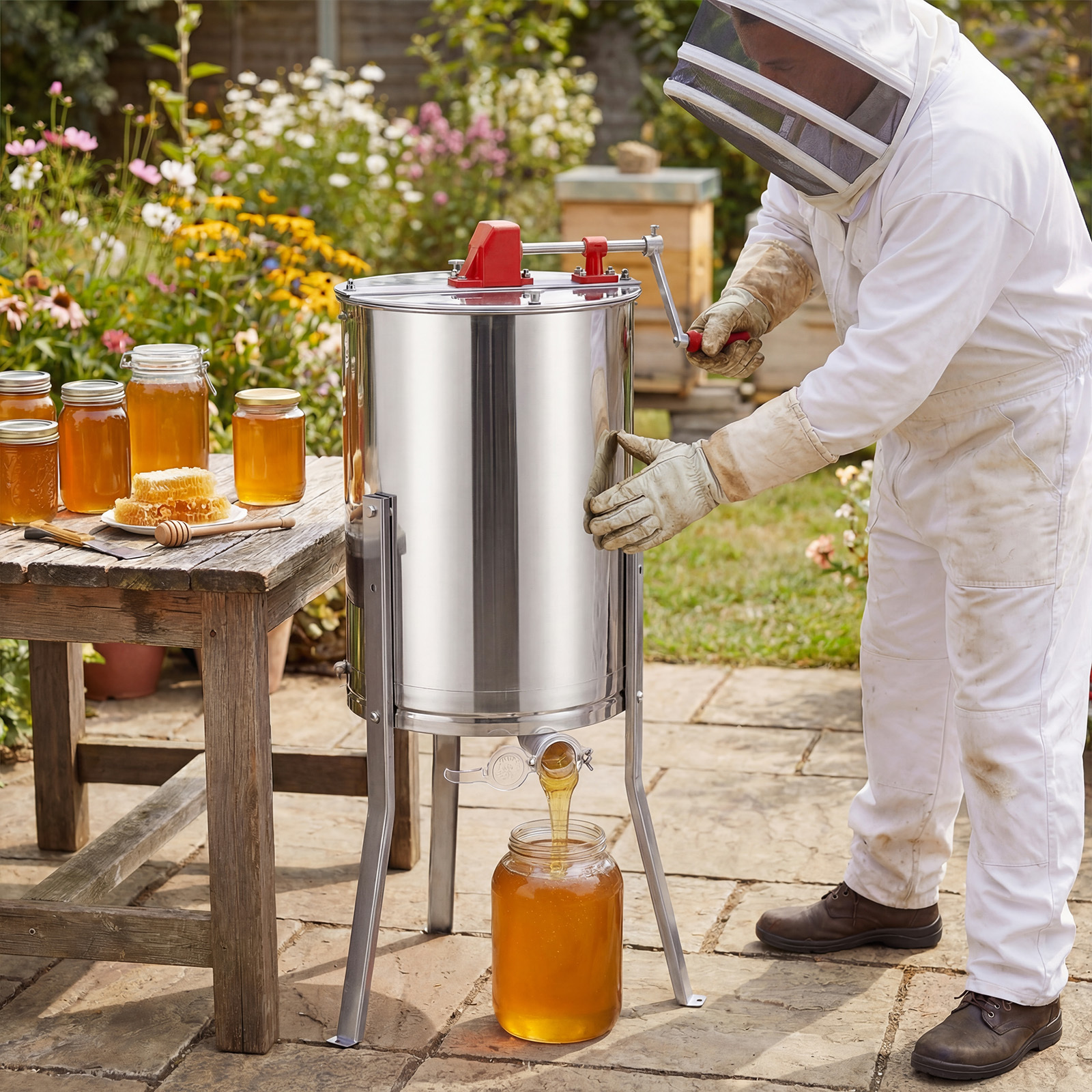   3 frame manual honey extractor stainless steel honey spinner with     gate clear lid adjustable height beekeeping equipment for home  
