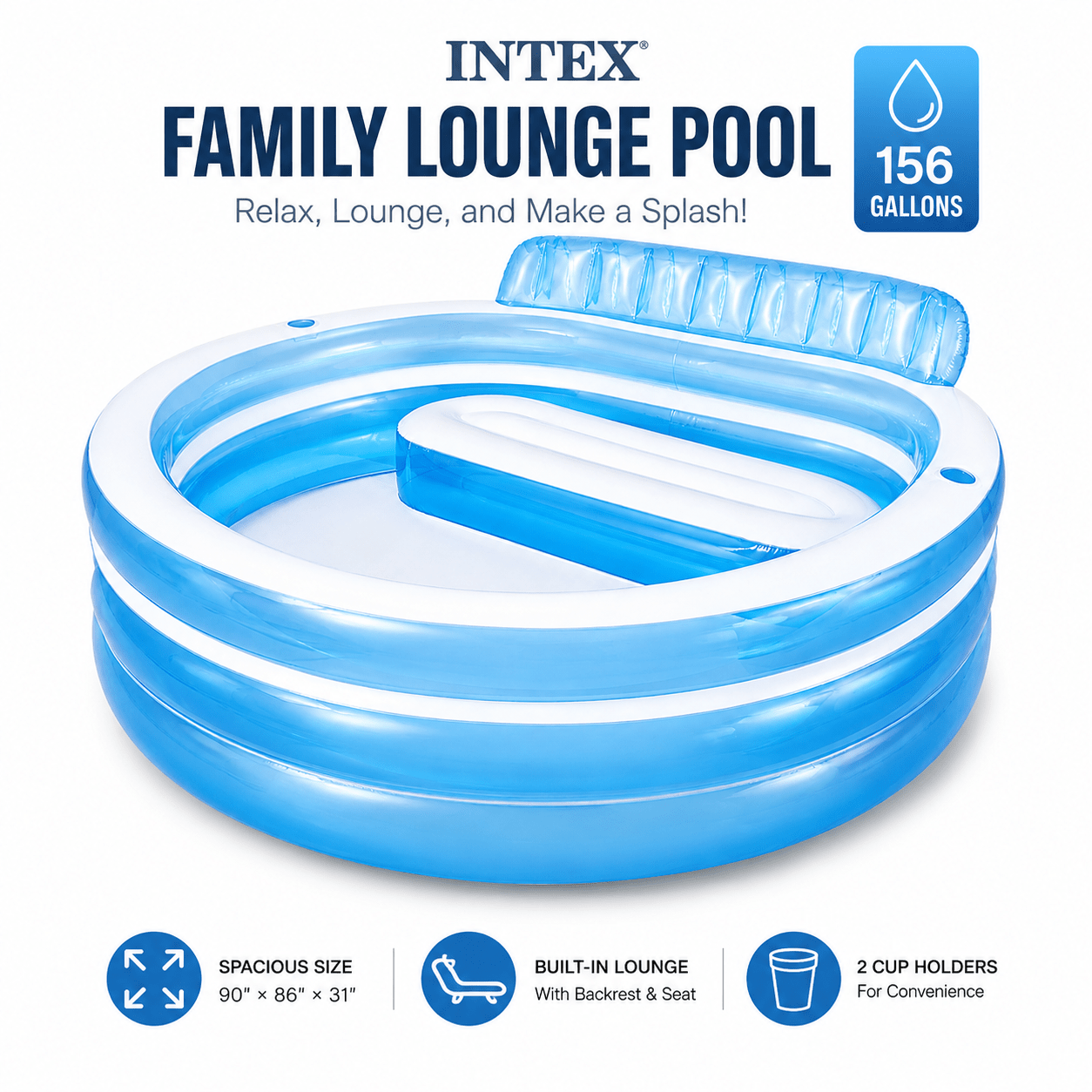   Inflatable   Pool 90 ×86 ×31 — Built-in Bench Seat, Backrest & Cup Holders, 156 Gallons