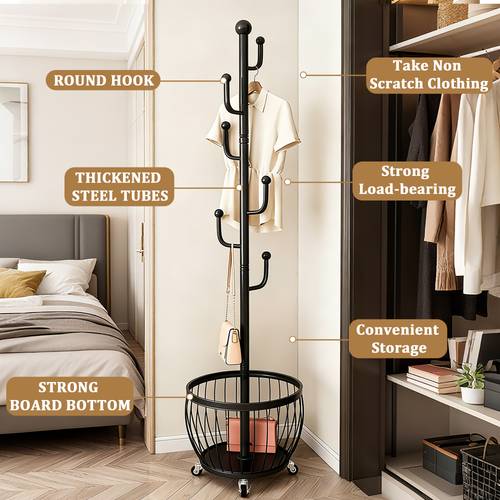 2 in 1 multipurpose metal coat rack with storage basket 6 hooks and 4 universal wheels multifunctional clothes hanger movement and positioning casters freestanding clothes rack organizer for use in entryway living room bedroom home office for hats coats scarves handbags