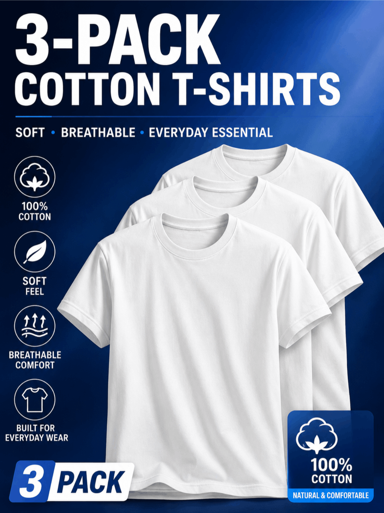 3-Pack Men's Soft & Breathable Cotton Basic T-Shirts (White, L)
