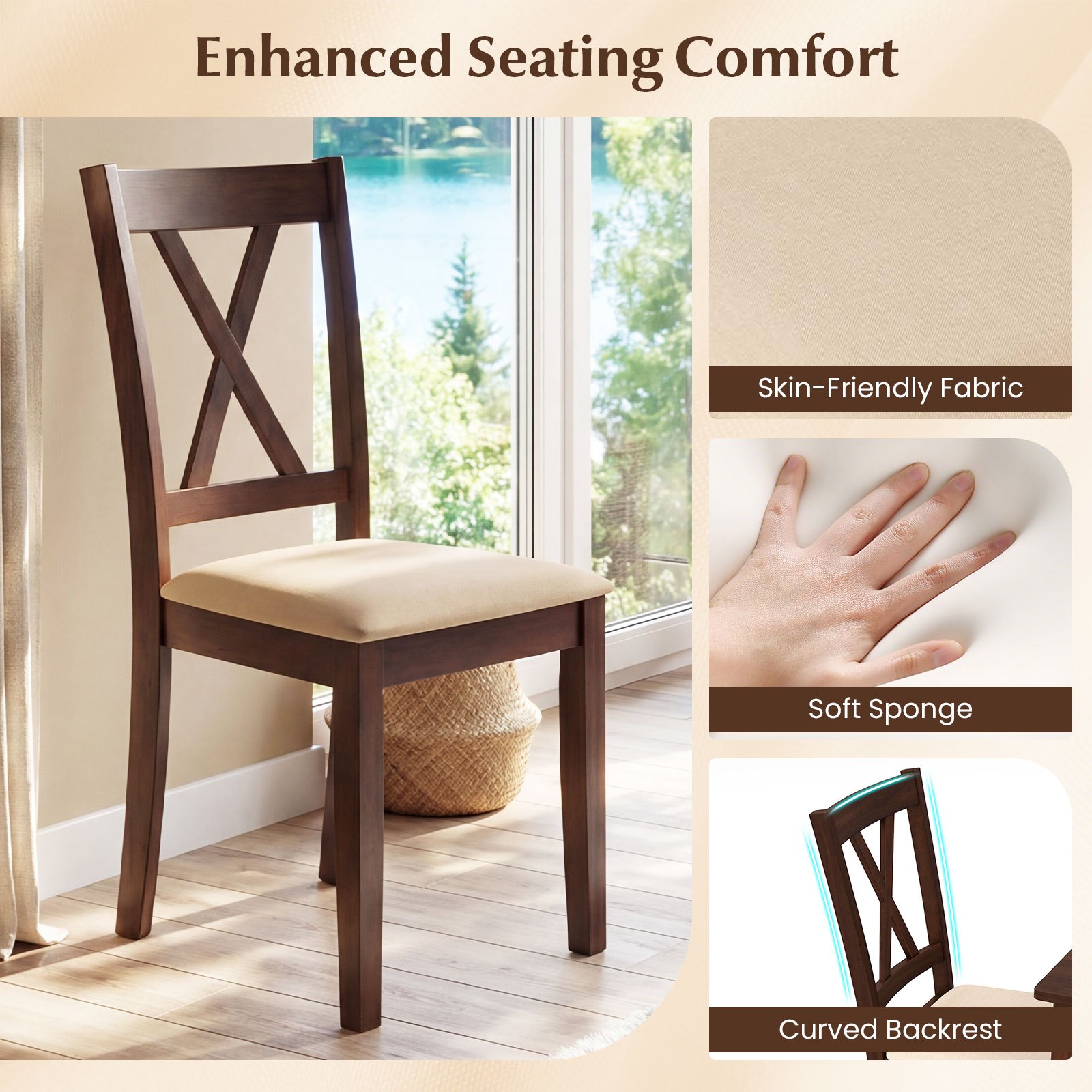 COSTWAY Wooden Dining Chairs Set of 4, Fabric Upholstered Kitchen Chairs with Rubber Wood Frame, Curved Backrest & Padded Wide Seat, Modern Armless Side Chairs for Dining Room, Living Room and Restaurant