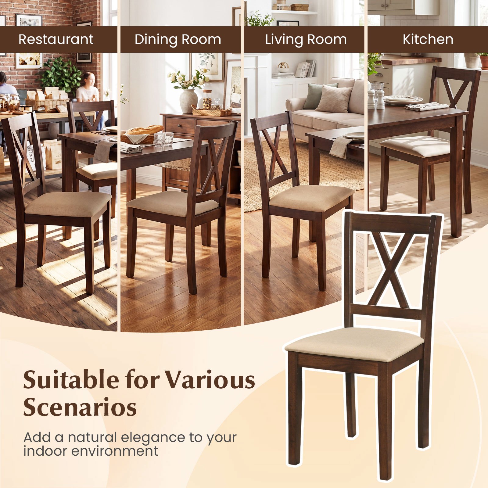COSTWAY Wooden Dining Chairs Set of 4, Fabric Upholstered Kitchen Chairs with Rubber Wood Frame, Curved Backrest & Padded Wide Seat, Modern Armless Side Chairs for Dining Room, Living Room and Restaurant