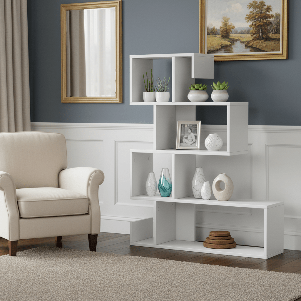 COSTWAY 5-Tier S-Shaped Bookshelf, Modern Geometric Bookcase with Anti-Tip Safety Kits, Freestanding Corner Ladder Bookcase for Home or Office, White
