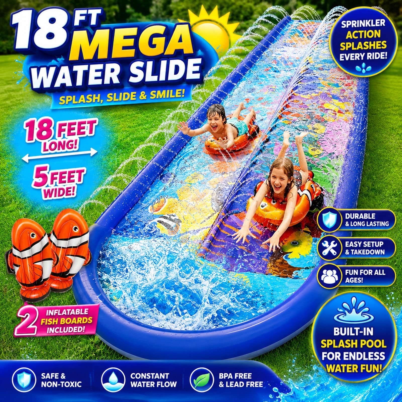 Kids Dual Splash Water Slide, 18FT Backyard Lawn Sprinkler Slide with Splash Pad, 2 Inflatable Body Boards, Reinforced PVC & Sea  
