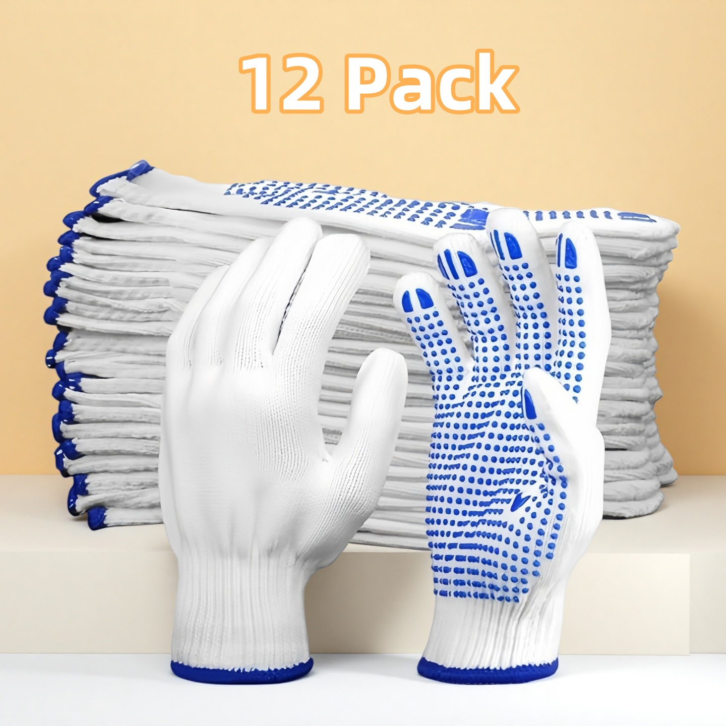 TEMU 12 Pack Safety Work Gloves With Anti-slip Dots (6 Pairs) Blue Polyester Knitted Gloves For Garage Warehouse Industrial Gardening