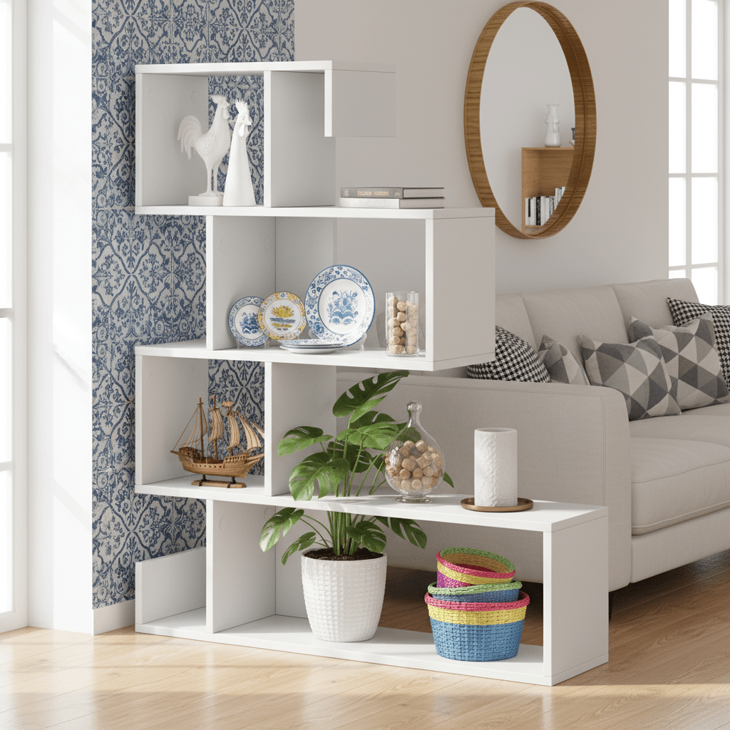 COSTWAY 5-Tier S-Shaped Bookshelf, Modern Geometric Bookcase with Anti-Tip Safety Kits, Freestanding Corner Ladder Bookcase for Home or Office, White