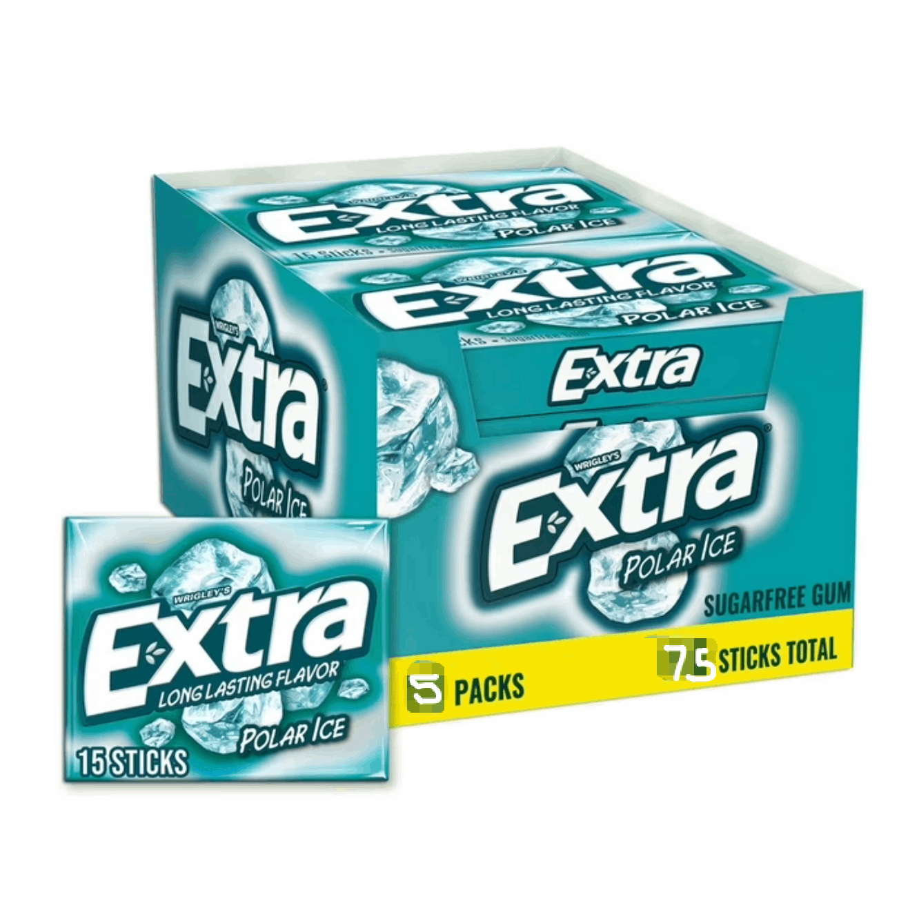 TEMU Extra Polar Ice Sugar Free Chewing Gum, 15 Pcs Of Gum Per Pack, 5pk.