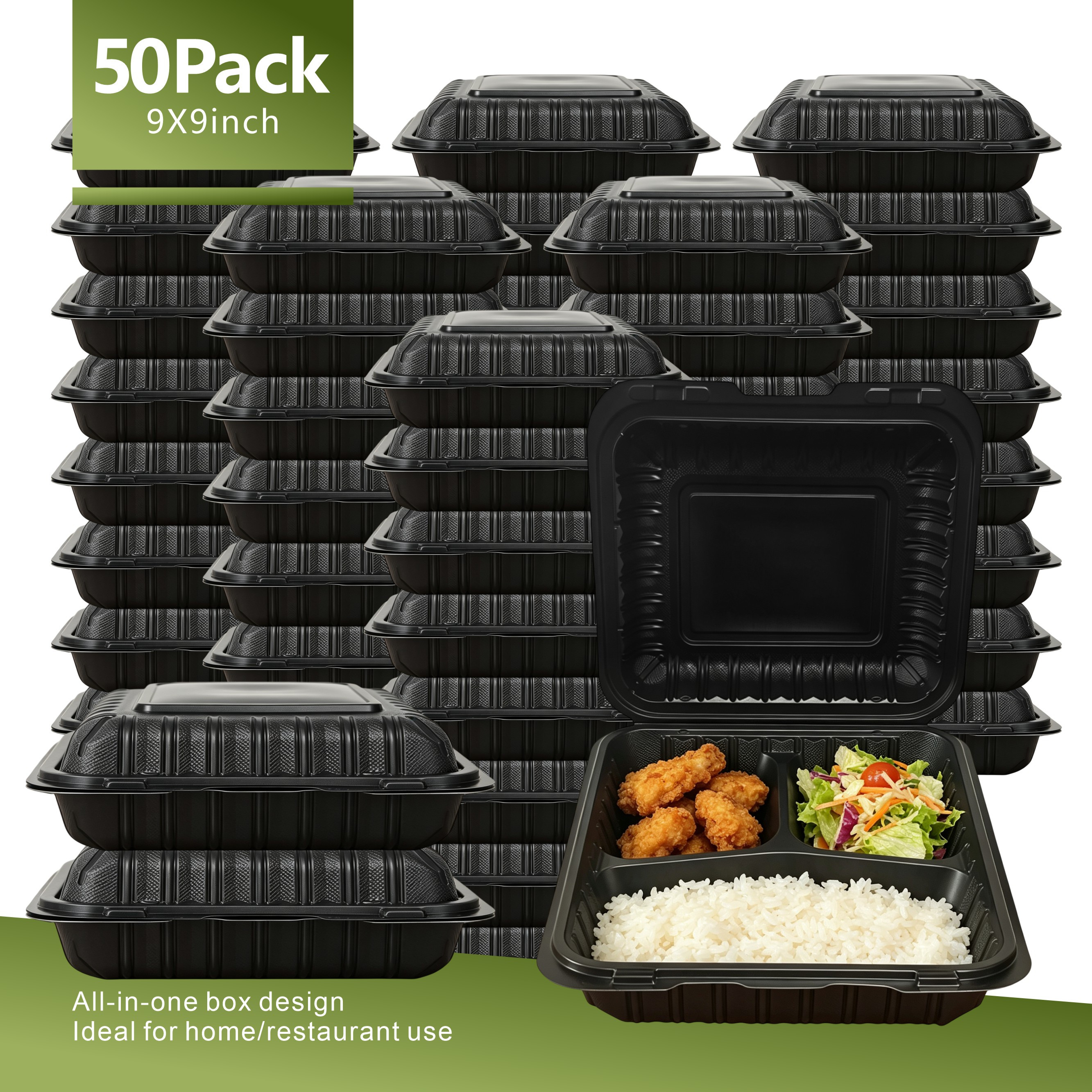 TEMU 50 Pack 9x9 Inch Black 3-compartment Takeout Containers With Lids, Heavy Duty Disposable Plastic Food Trays For Food Trucks & , Bpa Free Meal