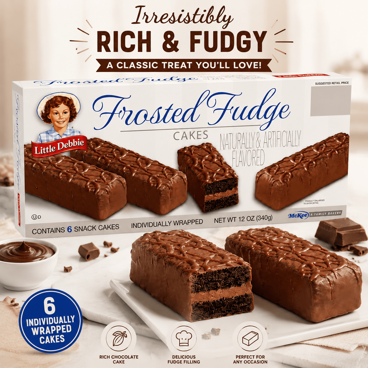 TEMU Little Debbie Frosted Fudge Cakes Chocolate Snack Cakes, Individually Wrapped Soft Creme Filled Dessert Cakes, 6 Count Box