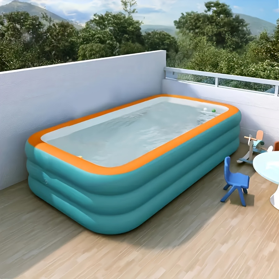 inflate and play drain and fold for   instantly   your lawn or patio into a pool with this three ring inflatable swimming   for water activities at parties it features compact storage a portable design