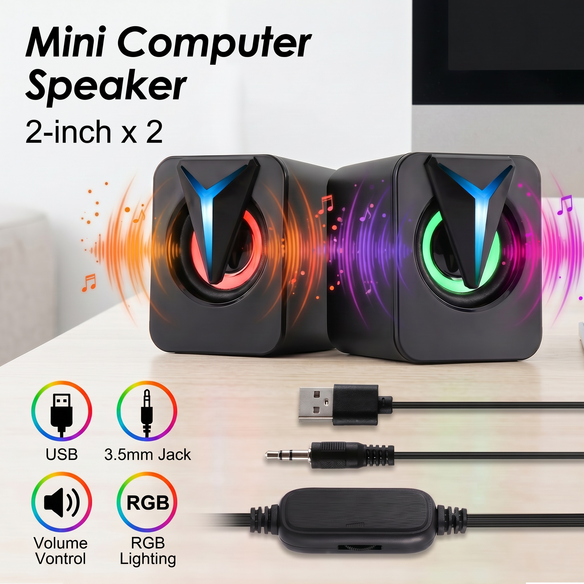 TEMU Rgb Light Mini Usb Powered Computer Speaker For Desktop Pc Laptop, Compact Stereo Gaming Speaker With 3.5mm Aux Audio Jack & Volume Control,