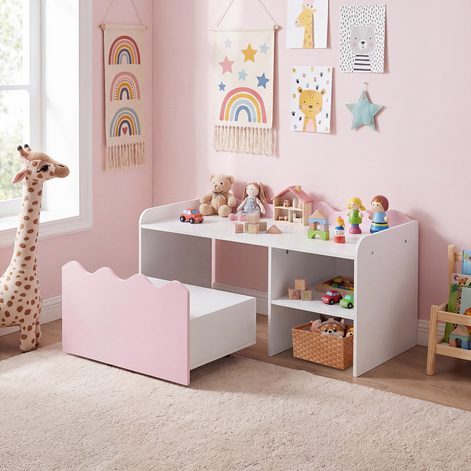 COSTWAY Scalloped Kids Bookshelf and Toy Storage Organizer, Wooden Toddler Book Rack with Movable Drawer, Flip-up Top & 4 Universal Wheels, Anti-toppling Kit, Indoor Children Furniture for Playroom, Bedroom