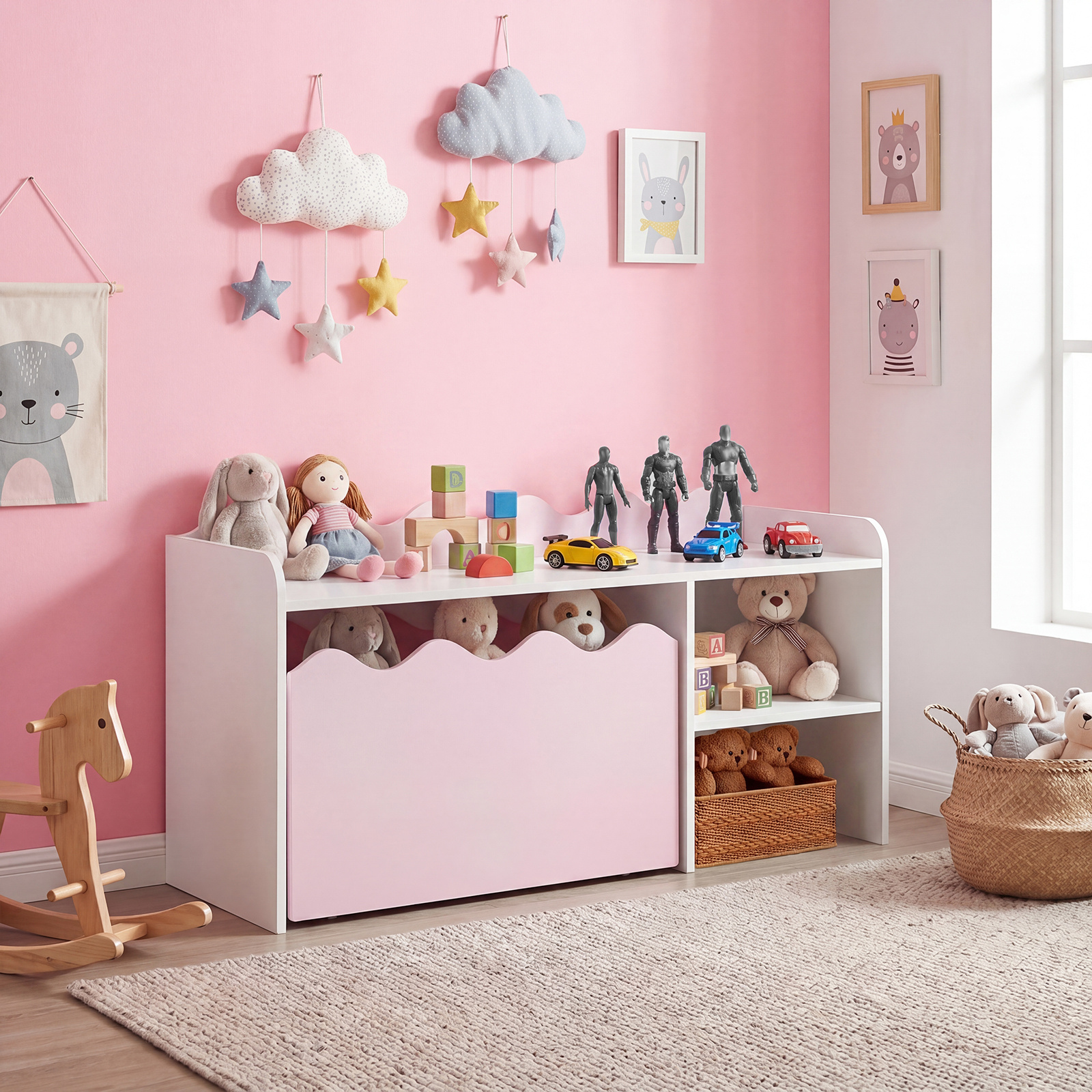 COSTWAY Scalloped Kids Bookshelf and Toy Storage Organizer, Wooden Toddler Book Rack with Movable Drawer, Flip-up Top & 4 Universal Wheels, Anti-toppling Kit, Indoor Children Furniture for Playroom, Bedroom