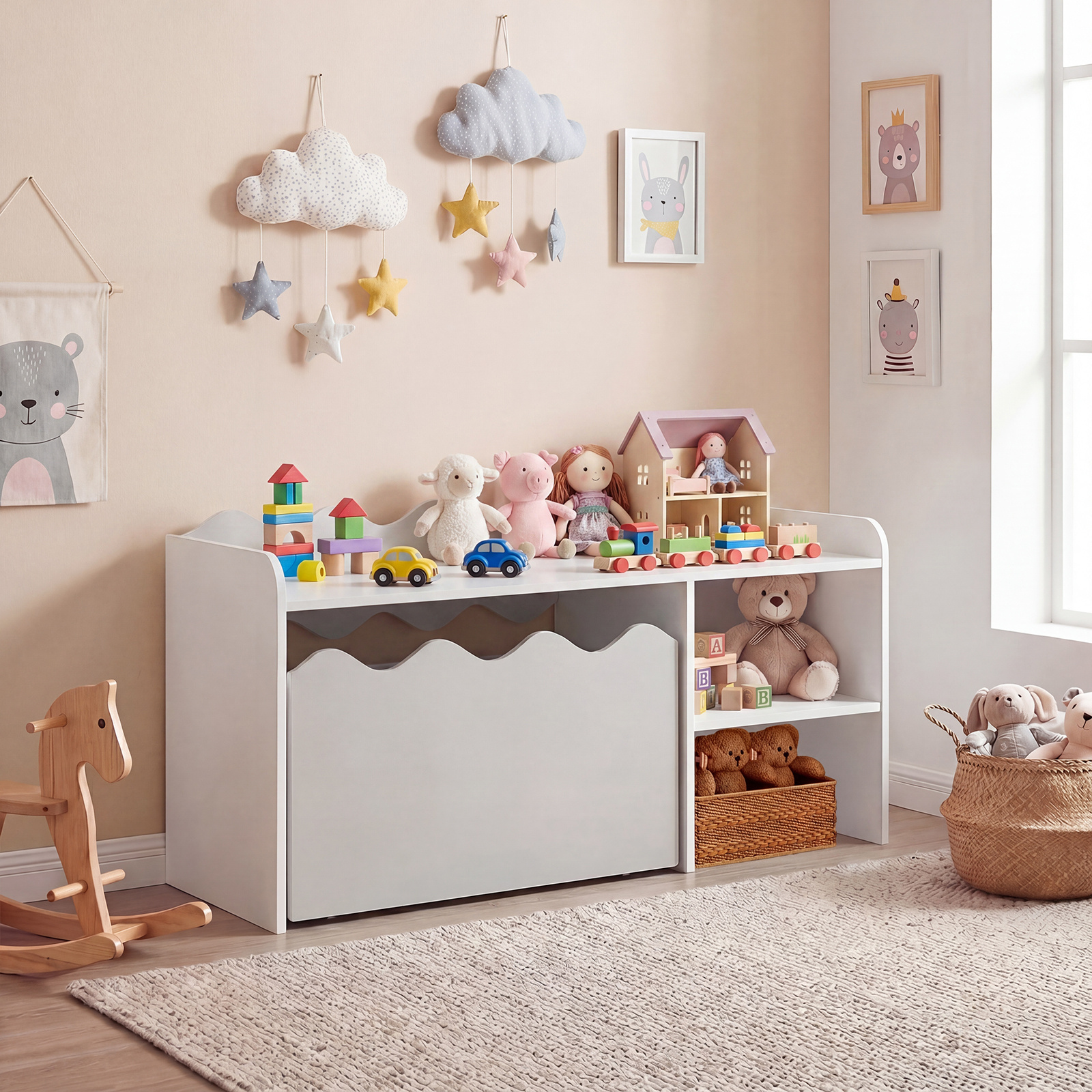 COSTWAY Scalloped Kids Bookshelf and Toy Storage Organizer, Wooden Toddler Book Rack with Movable Drawer, Flip-up Top & 4 Universal Wheels, Anti-toppling Kit, Indoor Children Furniture for Playroom, Bedroom