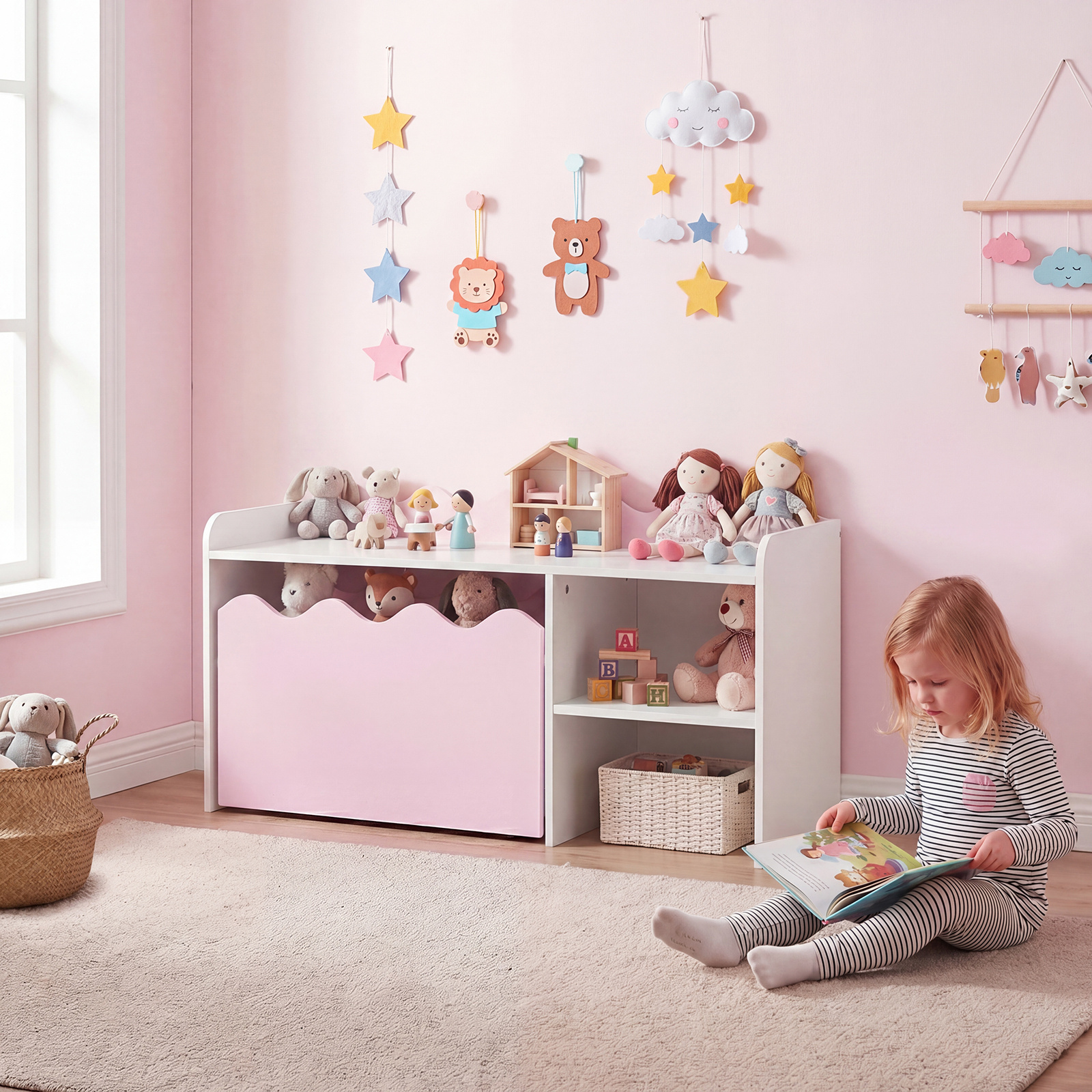 COSTWAY Scalloped Kids Bookshelf and Toy Storage Organizer, Wooden Toddler Book Rack with Movable Drawer, Flip-up Top & 4 Universal Wheels, Anti-toppling Kit, Indoor Children Furniture for Playroom, Bedroom