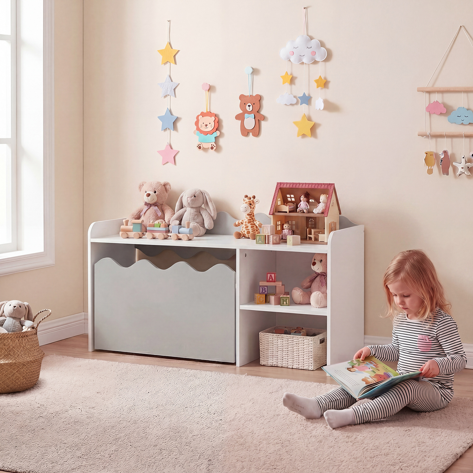 COSTWAY Scalloped Kids Bookshelf and Toy Storage Organizer, Wooden Toddler Book Rack with Movable Drawer, Flip-up Top & 4 Universal Wheels, Anti-toppling Kit, Indoor Children Furniture for Playroom, Bedroom