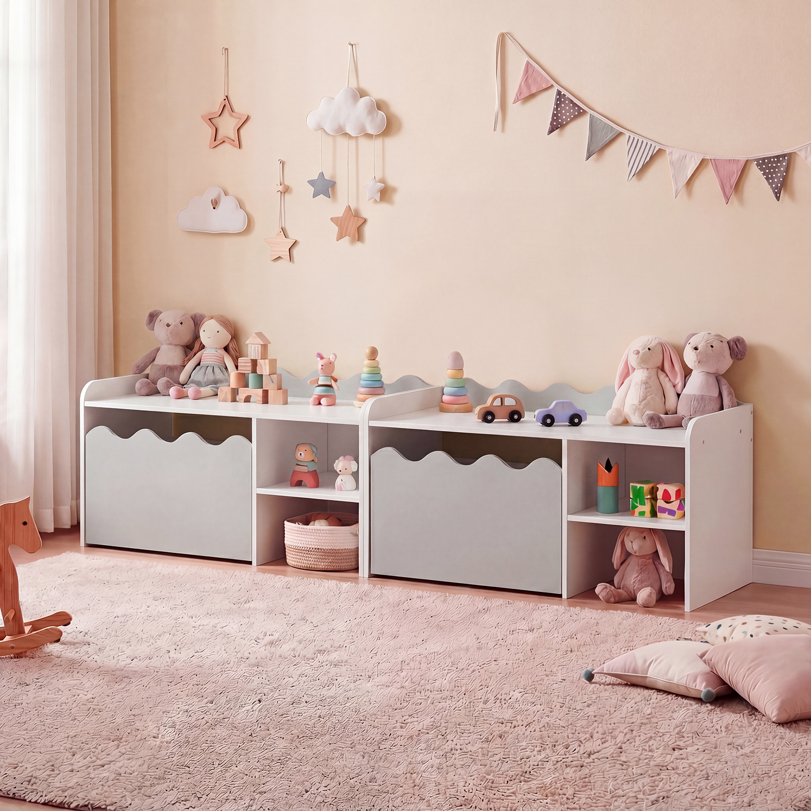 COSTWAY Scalloped Kids Bookshelf and Toy Storage Organizer, Wooden Toddler Book Rack with Movable Drawer, Flip-up Top & 4 Universal Wheels, Anti-toppling Kit, Indoor Children Furniture for Playroom, Bedroom