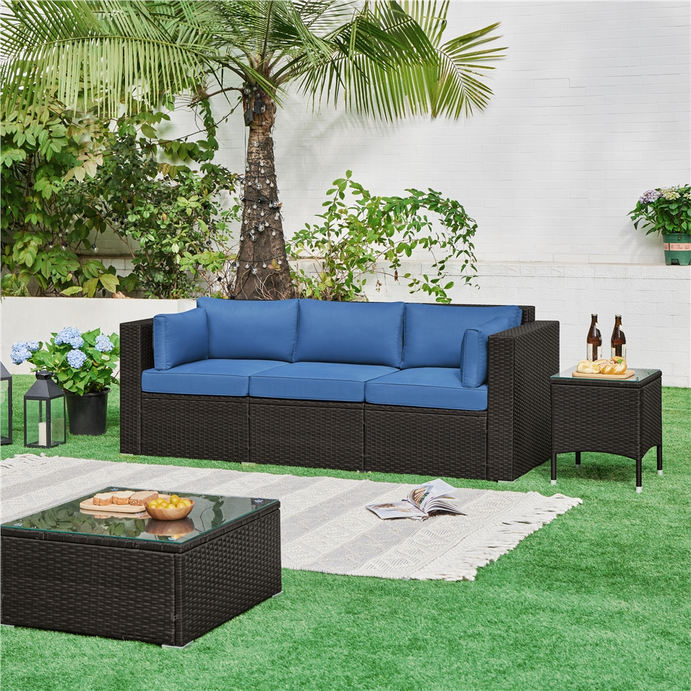   outdoor 3 seat patio wicker sofa with cushions rattan couch with throw pillow comfortable weather resistant seating patio couch for balcony deck yard garden poolside dark blue black