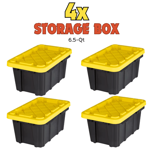 4 pack tough storage with lids 6 5 qt small heavy duty plastic storage bins yellow utility containers stackable space saving organizer box for home garage closet tools