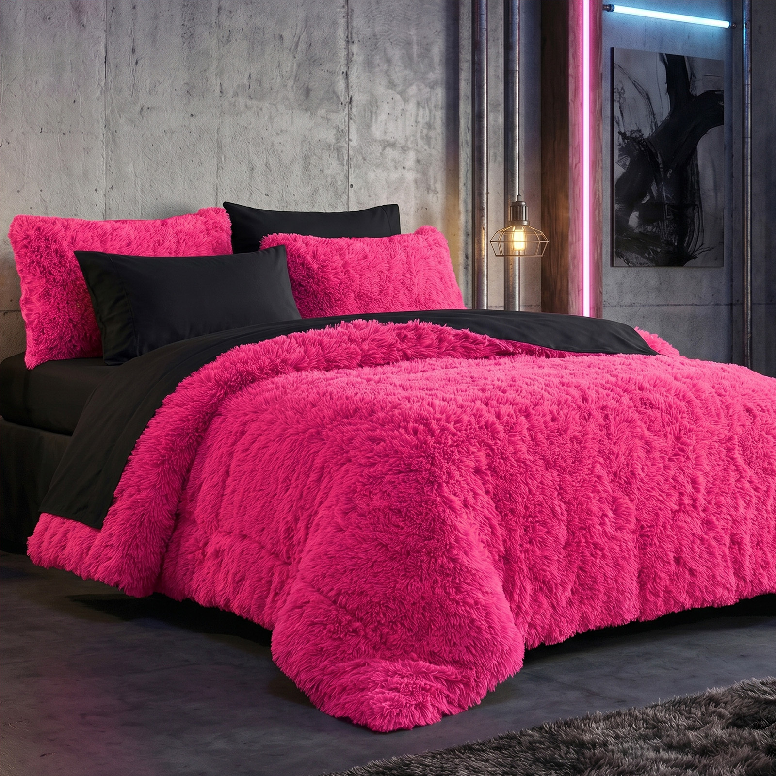 TEMU 7pc Black Hot Pink Shaggy Comforter Set With Bed Sheets, Queen Size Complete Bed In A Bag, Y2k Modern Glam Cute Dorm Bedding