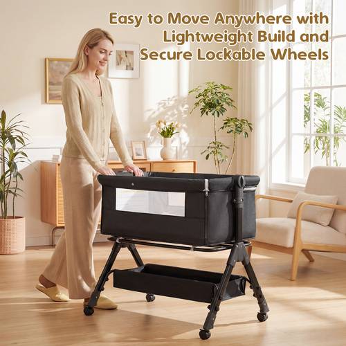 3 in 1 crib side bassinet with wheels baby christening gift height adjustable crib side bassinet featuring lockable wheels and mosquito net with large storage bag included product weight 17 61 lbs infant weight capacity 33 lbs