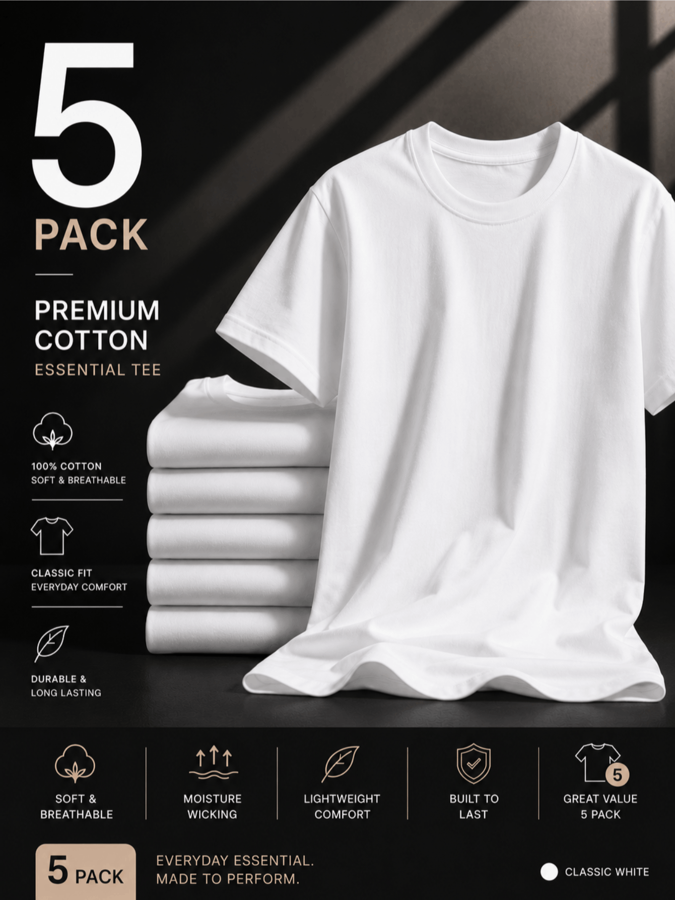 5 pack mens cotton crew neck regular t shirts bulk short sleeve lightweight tees white colors