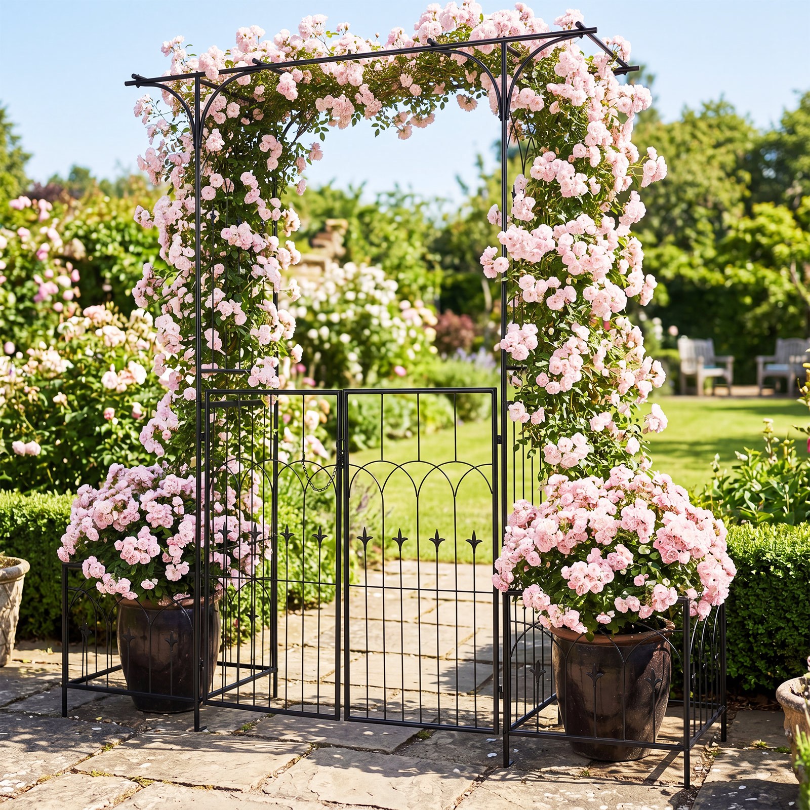   garden   with gate and planter boxes 206cm heavy duty metal arch with side trellis for climbing plants vines roses outdoor flat roof wedding arch for events lawn and backyard