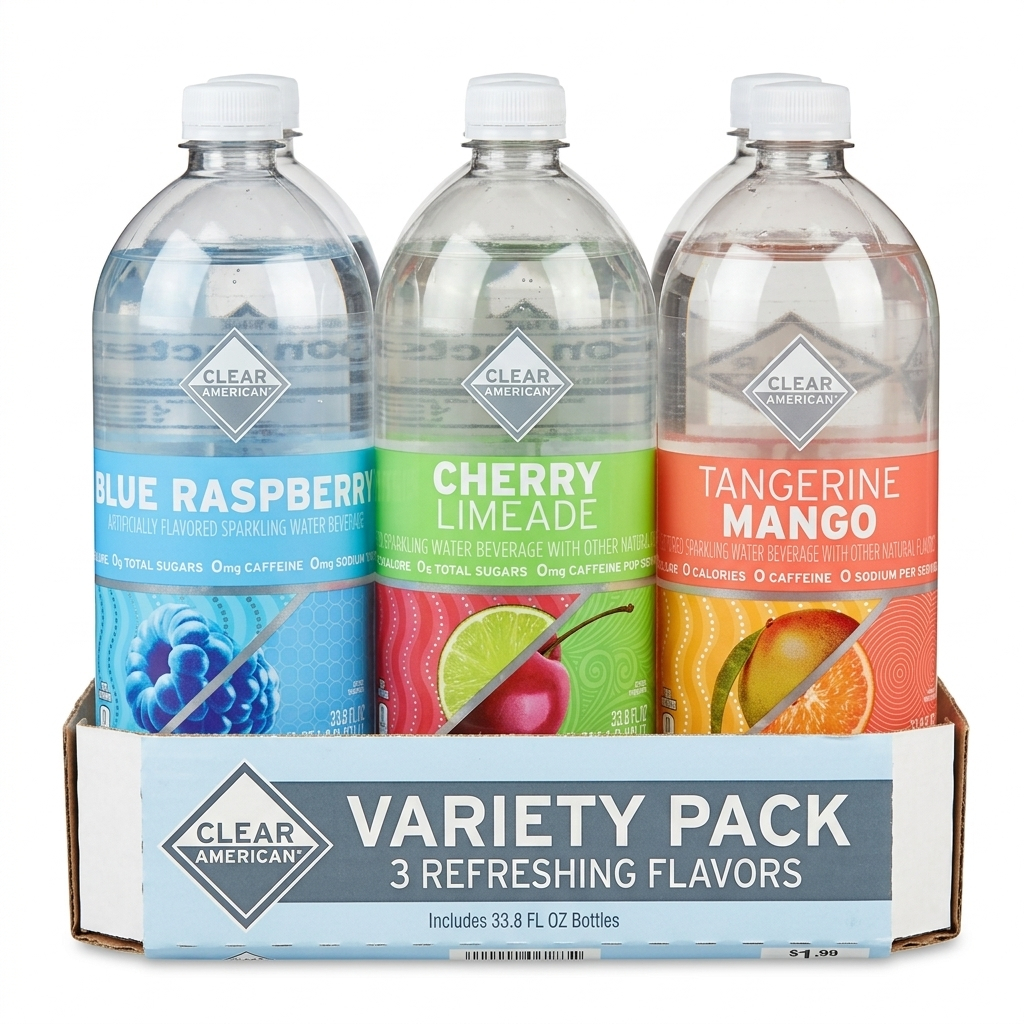 Clear American Assorted Flavored Sparkling Water Variety Pack (Blue Raspberry, Tangerine Mango, Cherry Limeade) – 33.8 fl oz Bottles