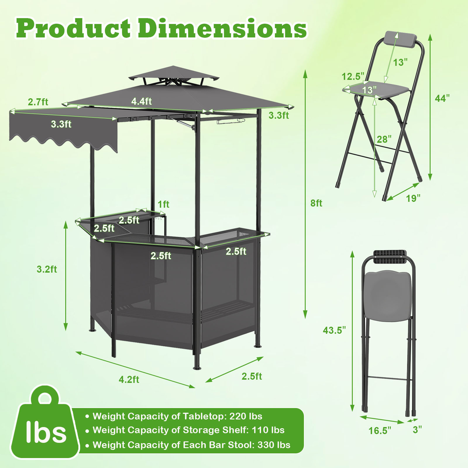 COSTWAY 3-Piece Patio Bar Set, Outdoor Grill Gazebo & 2 Folding Bar Stools w/4 Slatted Metal Shelves, 6 Hanging Hooks & Glass Holders for Grilling Essentials, 2-Tier BBQ Gazebo Canopy for Yard, Garden