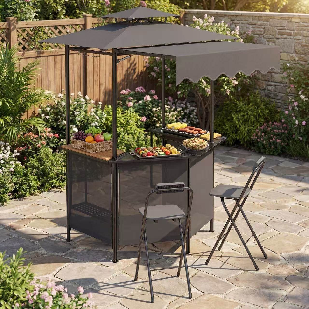 COSTWAY 3-Piece Patio Bar Set, Outdoor Grill Gazebo & 2 Folding Bar Stools w/4 Slatted Metal Shelves, 6 Hanging Hooks & Glass Holders for Grilling Essentials, 2-Tier BBQ Gazebo Canopy for Yard, Garden
