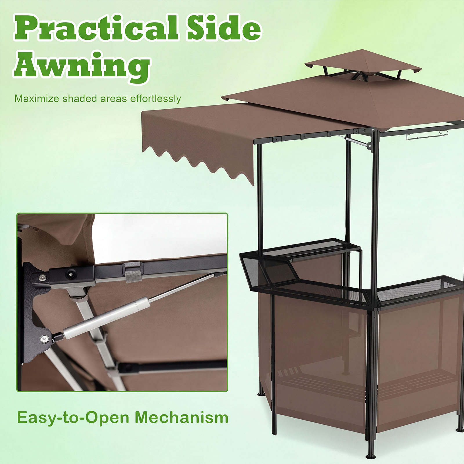 COSTWAY 3-Piece Patio Bar Set, Outdoor Grill Gazebo & 2 Folding Bar Stools w/4 Slatted Metal Shelves, 6 Hanging Hooks & Glass Holders for Grilling Essentials, 2-Tier BBQ Gazebo Canopy for Yard, Garden