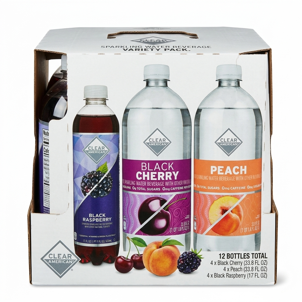 Clear American Black Cherry, Black Raspberry & Peach Flavored Sparkling Water Variety Pack – Assorted Bottle Sizes