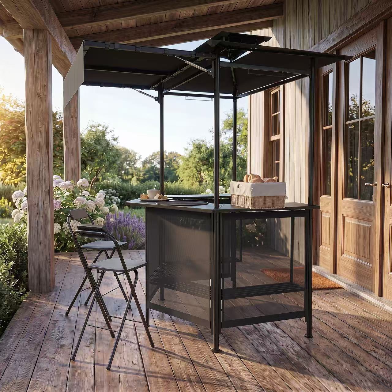 COSTWAY 3-Piece Patio Bar Set, Outdoor Grill Gazebo & 2 Folding Bar Stools w/4 Slatted Metal Shelves, 6 Hanging Hooks & Glass Holders for Grilling Essentials, 2-Tier BBQ Gazebo Canopy for Yard, Garden