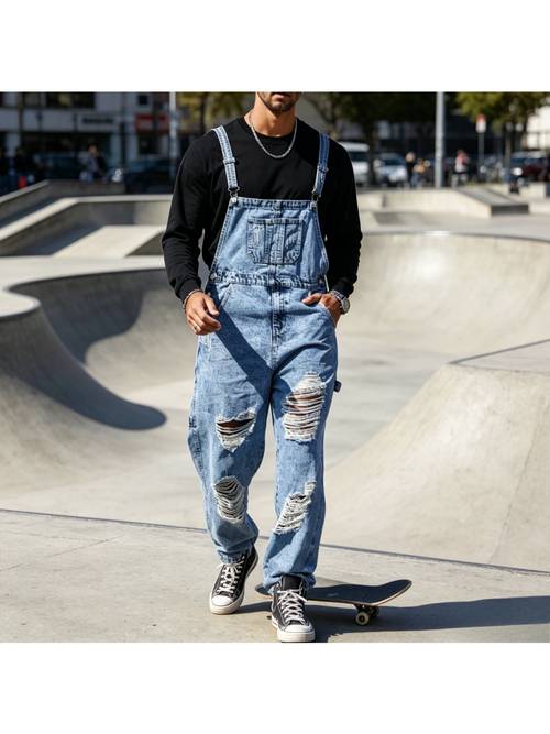 Pantalón Salpicadero para Hombre – Ropa de para Hombre con Múltiples Bolsillos, Detalles Rotos y Arañados, de Algodón , Corte y , Denim Ligeramente, Pantalón Salpicadero para Hombre, Lavable a Máquina