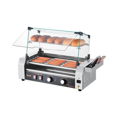 Hot Dog Roller, 12 Hot Dog 5 Rollers, Stainless Steel Sausage Grill Cooker, 750W Commercial Hot Dog Machine with Control, Cover, Side Storage Box, Removable Shelf & Oil Drip Tray