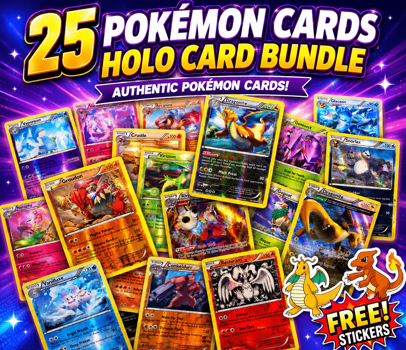 25 Pokémon Holo Cards Bundle with Free Stickers | Authentic Pokémon Trading Card Collection Pack